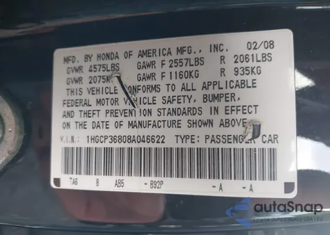 2008 Honda Accord 3.5 Ex-L from USA, damaged, VIN 1HGCP36808A046622